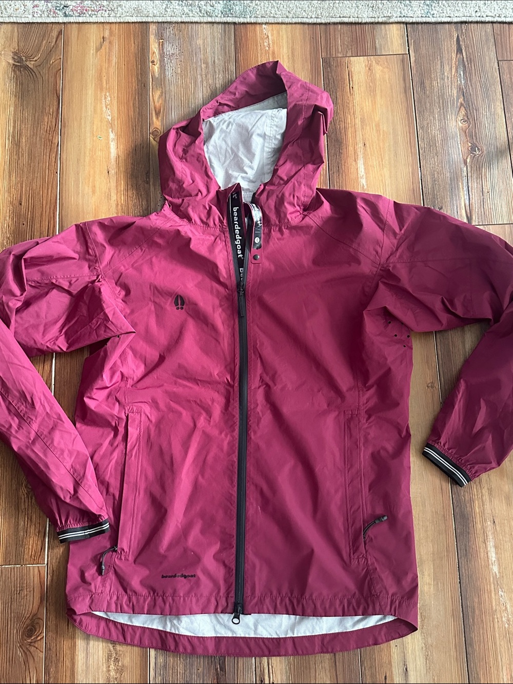 Bearded Goat Men's Deep Raspberry Red Hooded light weight Rain jacket medium